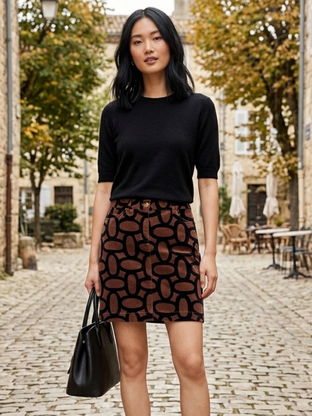 Boden Brown & Black Geometric Cotton Velvet Mini Skirt